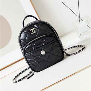 Cha.nel Backpack Nylon & Silver-Tone Metal Black AS4366