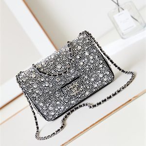 Chanel Mini Flap Bag Satin, Strass & Silver-Tone Metal Silver AS4142