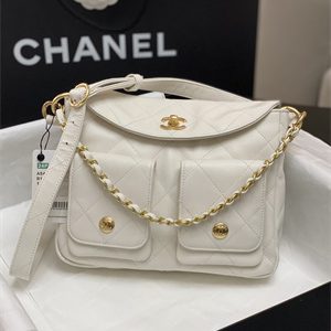 Chanel Hobo Handbag Shiny calfskin Gold Tone Metal White AS4743