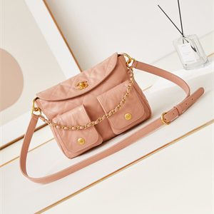 Chanel Hobo Handbag Shiny calfskin Gold Tone Metal Pink AS4743