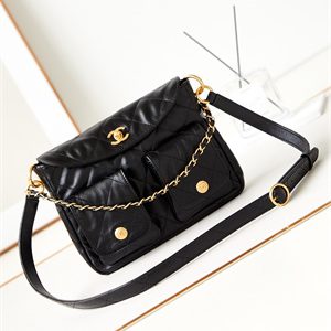 Chanel Hobo Handbag Shiny calfskin Gold Tone Metal Black AS4743