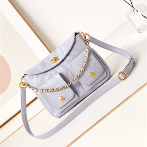 Chanel Hobo Handbag Shiny calfskin Gold Tone Metal Blue AS4743