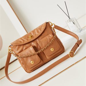 Chanel Hobo Handbag Shiny calfskin Gold Tone Metal Brown AS4743