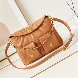 Chanel Large Hobo Handbag Shiny calfskin Gold Tone Metal Brown AS4668