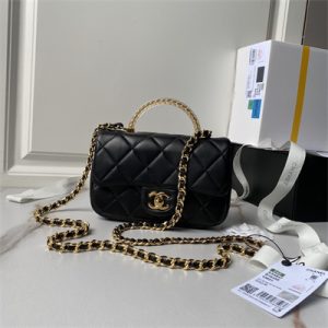 Chanel Mini Flap Bag With Top Handle Lambskin, Resin & Gold-Tone Metal Black Color AS4847
