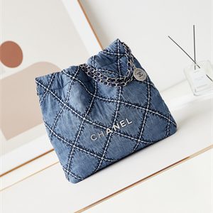 Cha.nel 22 Small Handbag Stitched Denim Silver Tone Metal Blue AS3260