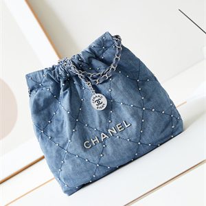 Cha.nel 22 Small Handbag Washed Denim Blue Silver Tone Metal AS3260