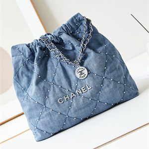 Cha.nel 22 Medium Handbag Washed Denim Blue Silver Tone Metal AS3261