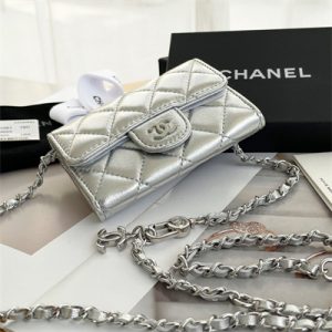 Chanel Belt bag With Chain Metallic Lambskin Silver Tone Metal Silver Color A81081