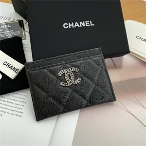 Chanel Card Holder Grained Calfskin Silver Tone Metal Black AP3837