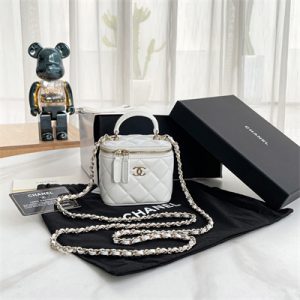 Chanel Small Vanity Case With Chain Lambskin Gold Tone Metal White AP2198