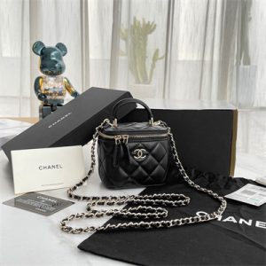 Chanel Small Vanity Case With Chain Lambskin Gold Tone Metal Black AP2198