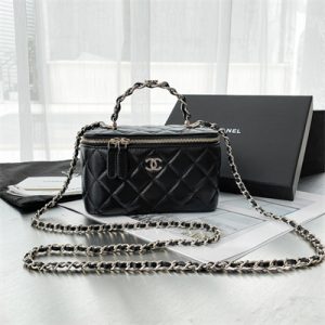 Chanel Vanity Case With Chain Lambskin Gold Tone Metal Black AP3333