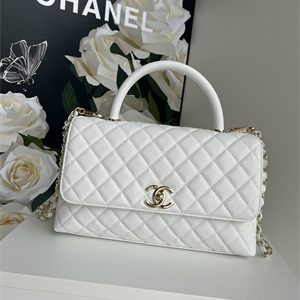 Cha.nel Large Coco Handle Bag Grained Calfskin Lt Gold Metal White A92991