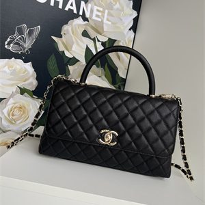 Cha.nel Large Coco Handle Bag Grained Calfskin Lt Gold Metal Black A92991