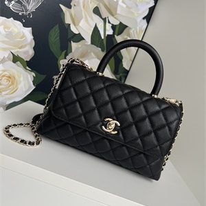 Cha.nel Small Coco Handle Bag Grained Calfskin Lt Gold Metal Black A92990