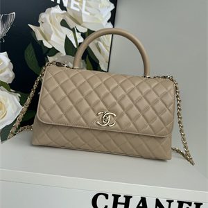 Cha.nel Large Coco Handle Bag Grained Calfskin Lt Gold Metal Beige A92991