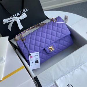 Chanel Medium Classic Flap Bag Grained Calfskin Gold Tone Metal Purple 01112