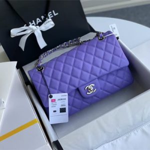 Chanel Medium Classic Flap Bag Grained Calfskin Silver Tone Metal Purple 01112