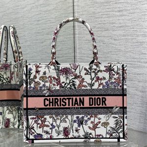 CD Medium Book Tote White Multicolor Dior Herbarium Embroidery