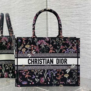 CD Medium Book Tote Black Multicolor Dior Herbarium Embroidery