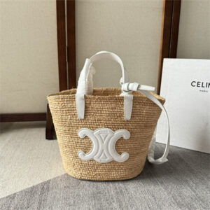 Celine Teen Supple Classic Panier In Raffia and Calfskin White