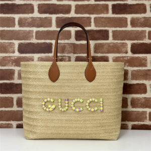 Gu.cci Medium Natural Straw Effect Raffia Tote