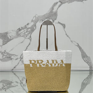 Prada Raffia Tote Bag With Logo White/Nature