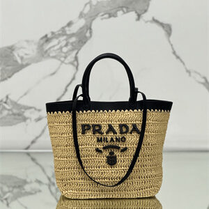 Prada Small Crochet and Leather Tote Bag
