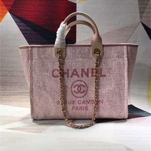 Cha.nel Deauville Large Shopping Bag Mixed Linen Fibers Gold Tone Metal Pink A66941