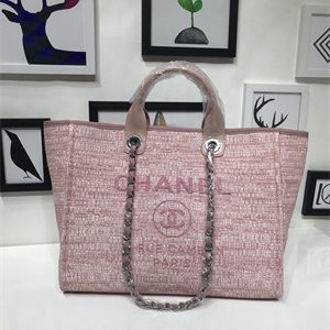 Cha.nel Deauville Large Shopping Bag Mixed Linen Fibers Silver Tone Metal Pink A66941