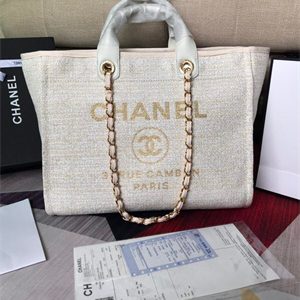 Chanel Deauville Large Shopping Bag Mixed Fibers Gold Tone Metal Cream A66941