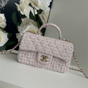 Chanel Mini Flap Bag With Top Handle Tweed Gold Tone Metal Pink AS2431