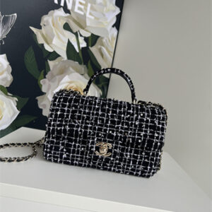 Chanel Mini Flap Bag With Top Handle Tweed Gold Tone Metal Black/White AS2431