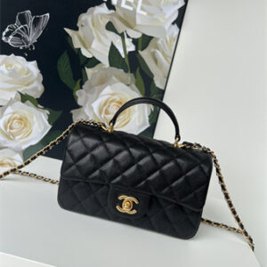 Chanel Mini Flap Bag With Top Handle Grained Calfskin Gold Tone Metal Black AS2431