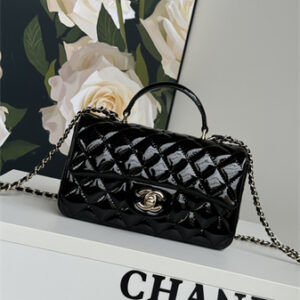 Chanel Mini Flap Bag With Top Handle Patent Calfskin Gold Tone Metal Black AS2431