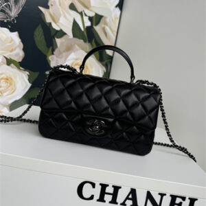 Chanel Mini Flap Bag With Top Handle Lambskin Petwer Tone Metal Black AS2431