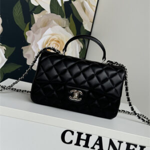 Chanel Mini Flap Bag With Top Handle Lambskin Silver Tone Metal Black AS2431