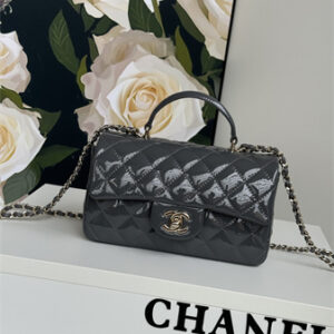 Chanel Mini Flap Bag With Top Handle Patent Calfskin Gold Tone Metal Grey AS2431