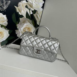 Chanel Mini Flap Bag With Top Handle Grained Calfskin Silver Tone Metal Silver AS2431