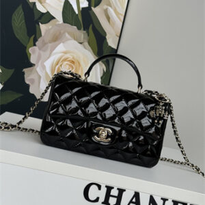 Chanel Mini Flap Bag With Top Handle Charm Patent Calfskin Gold Tone Metal Black AS2431