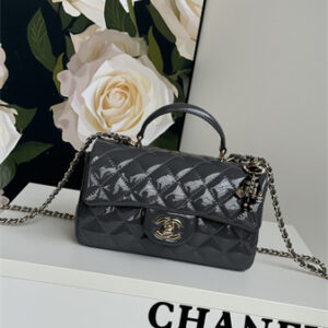 Chanel Mini Flap Bag With Top Handle Charm Patent Calfskin Gold Tone Metal Grey AS2431