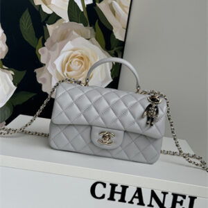Chanel Mini Flap Bag With Top Handle Charm Lambskin Gold Tone Metal Grey AS2431