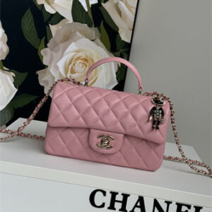 Chanel Mini Flap Bag With Top Handle Charm Lambskin Gold Tone Metal Pink AS2431