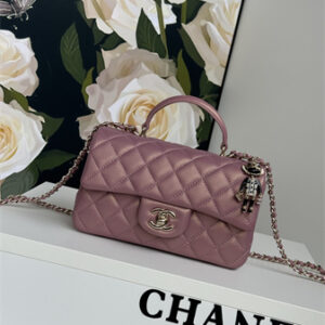 Chanel Mini Flap Bag With Top Handle Charm Lambskin Gold Tone Metal Dk Pink AS2431
