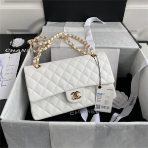 Chanel Medium Classic Flap Bag Grained Calfskin Gold Tone Metal White 01112