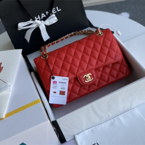 Chanel Medium Classic Flap Bag Grained Calfskin Gold Tone Metal Red 01112