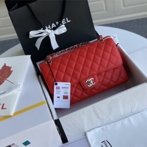 Chanel Medium Classic Flap Bag Grained Calfskin Silver Tone Metal Red 01112