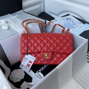 Chanel Medium Classic Flap Bag Lambskin Gold Tone Metal Red 01112