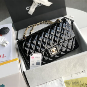 Chanel Medium Classic Flap Bag Patent Calfskin Gold Tone Metal Black 01112